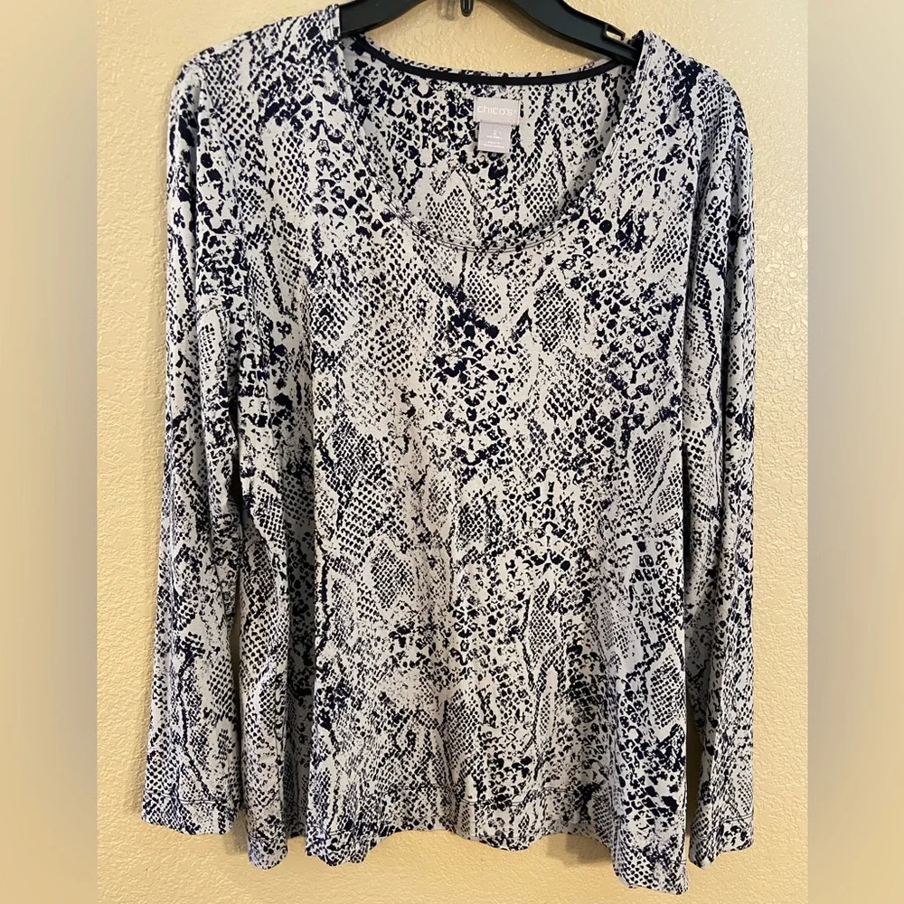 Chico's Black and White Snake Print Long Sleeve Top - Picture 2 of 10